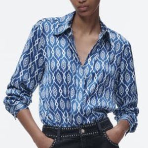 ZARA NWT Printed Blue White Satin Effect Long Sleeve Button Blouse
